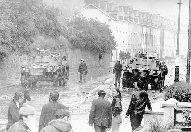 British patrol in conflict with local youths, Laburnum Terrace, March 1971